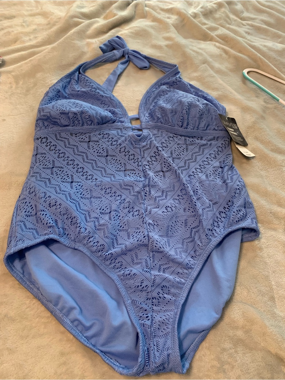 Woman’s  One-Piece Halter Swimsuit in Periwinkle Lace 1x simply slim